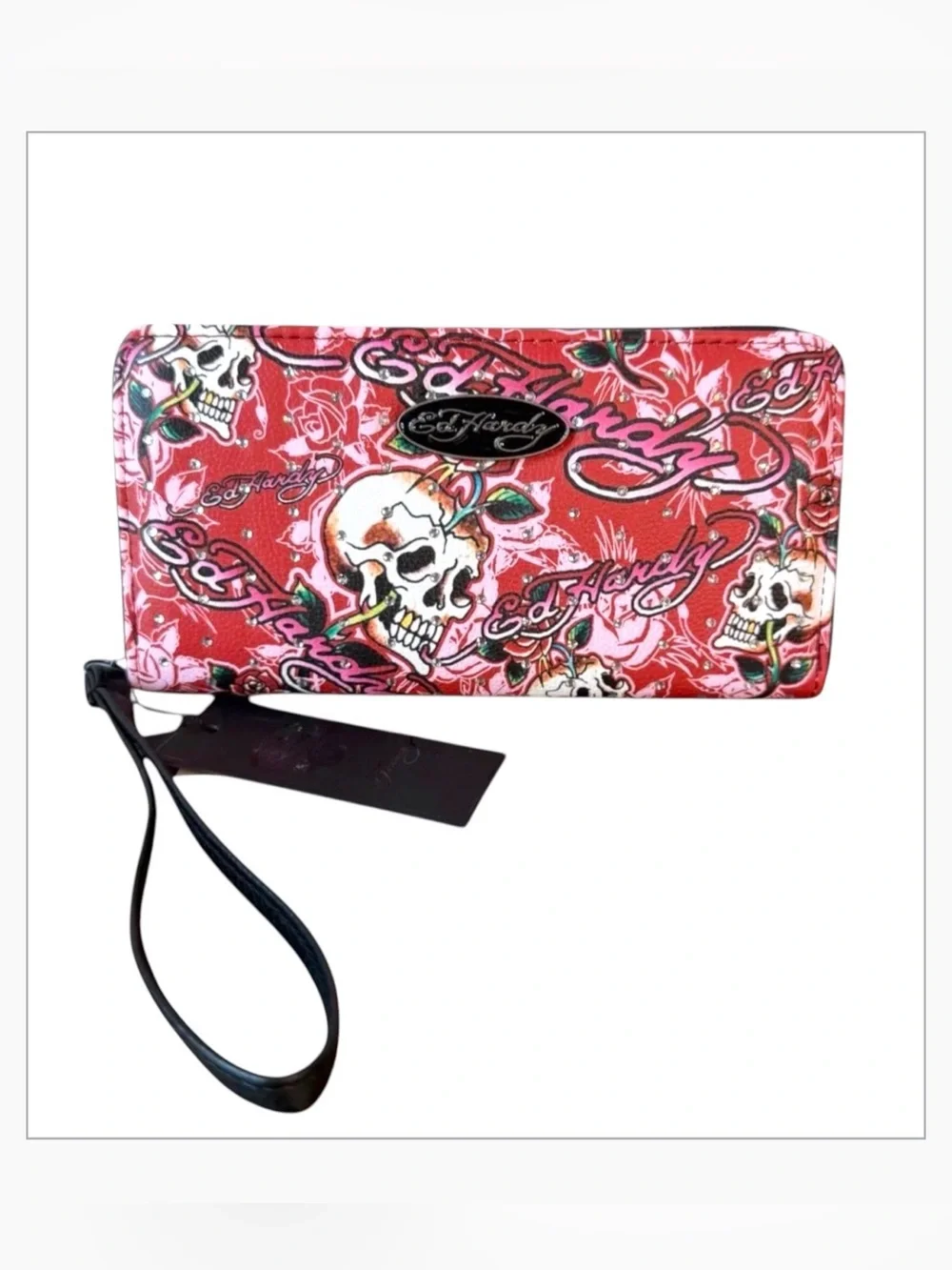 *new* Ed Hardy Skull & Rose Tattoo Print Zip Around Wristlet Wallet Clutch